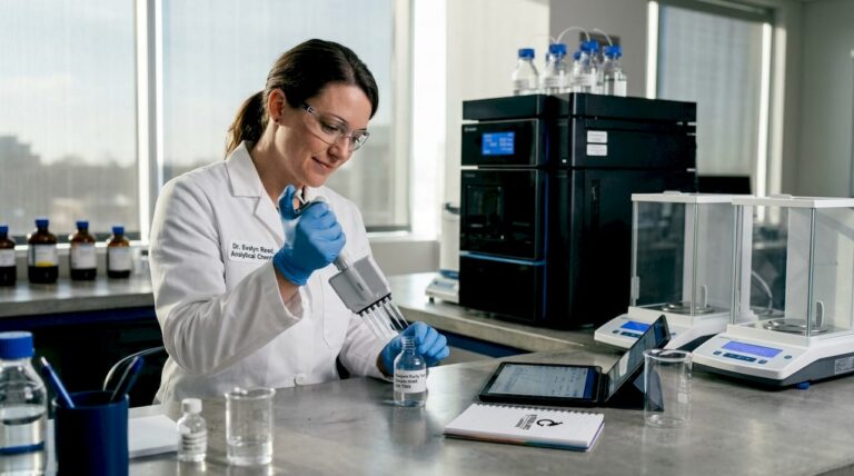 Scientist pipetting reagent in lab setting