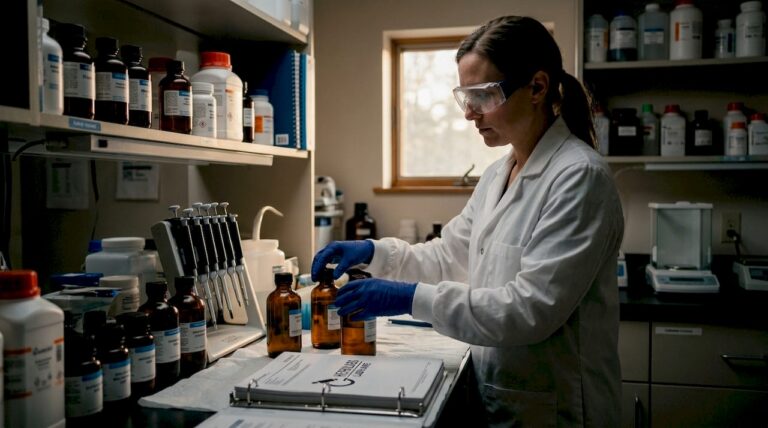 Lab technician handling reagents safely at bench
