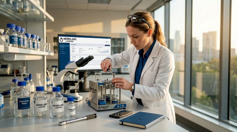 Scientist adjusting custom lab instrument in bright laboratory