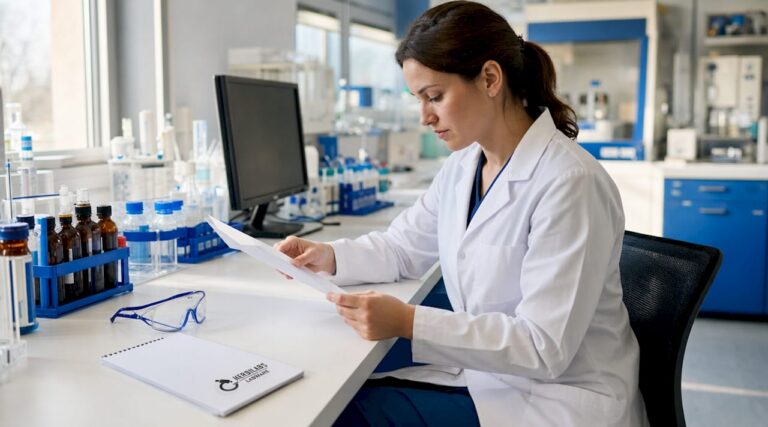 Scientist reading safety document in lab