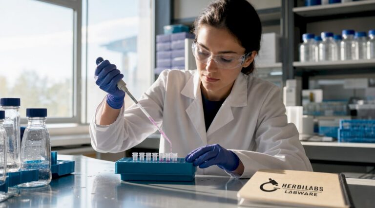Lab technician pipetting liquid samples in lab
