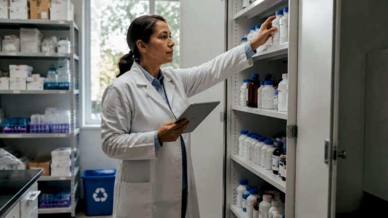 Lab manager checking inventory on tablet in storeroom
