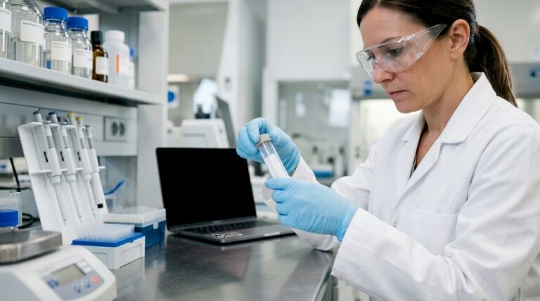 Lab technician handling single-use labware tubes