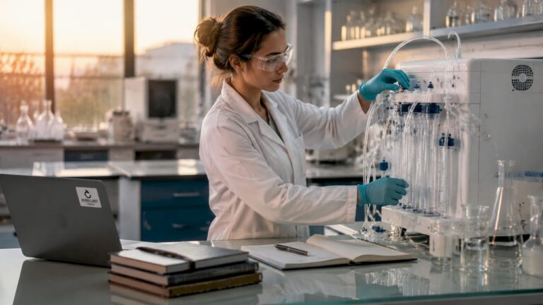 Laboratory technician adjusting water purification system