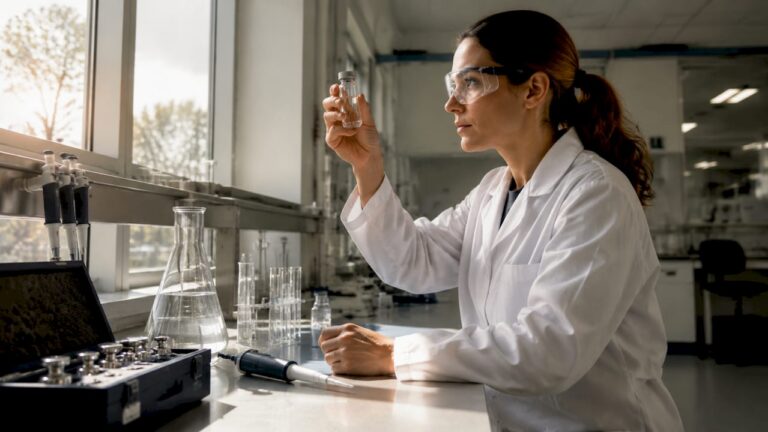 Scientist examining water solution vial in lab