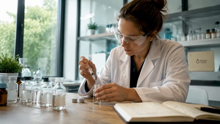 Laboratory technician reconstituting lyophilized powder