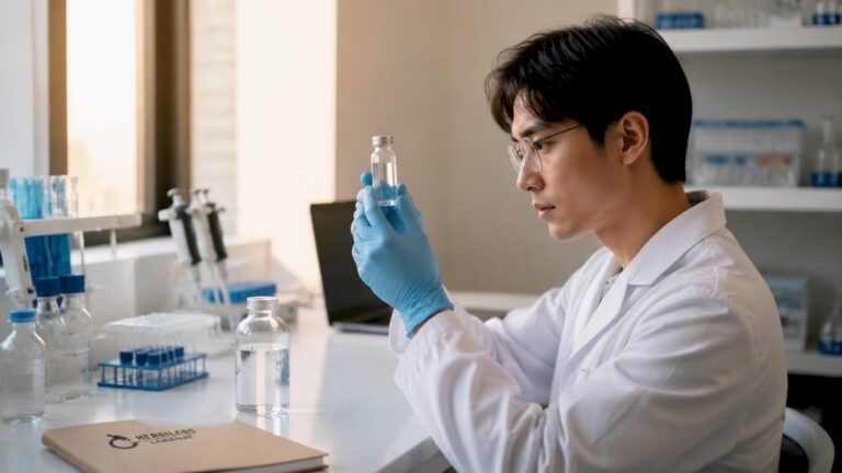 Lab technician handling single-use sterile water vial