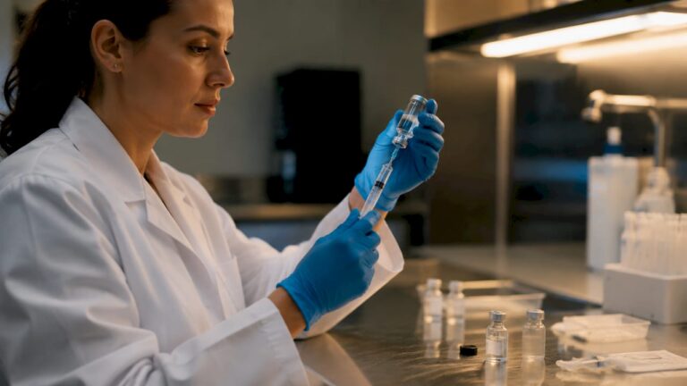 Technician drawing 0.9% benzyl alcohol water from vial