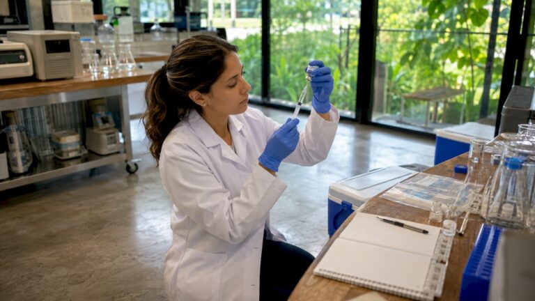 Lab technician drawing bac water with syringe