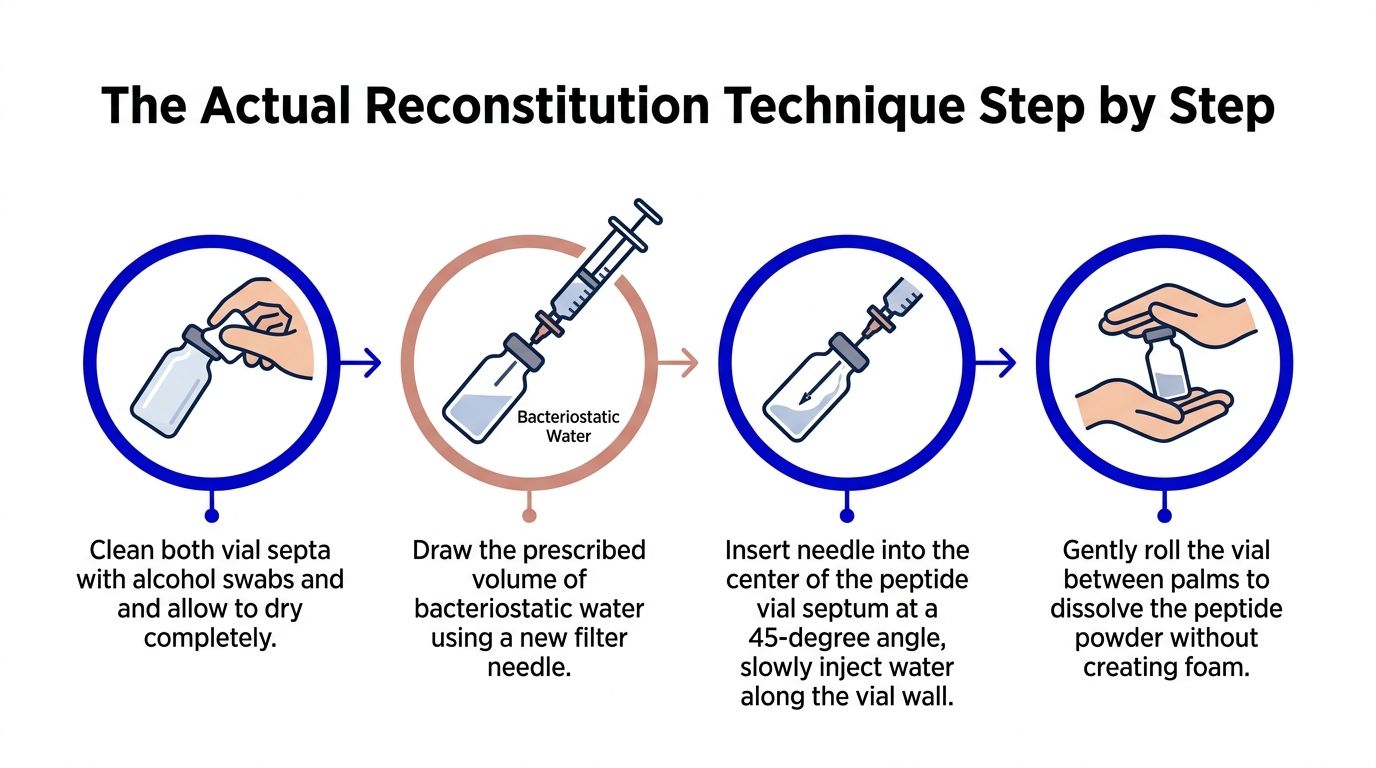 A four-step infographic illustrating the proper technique for the safe reconstitution of peptide vials with bacteriostatic water.