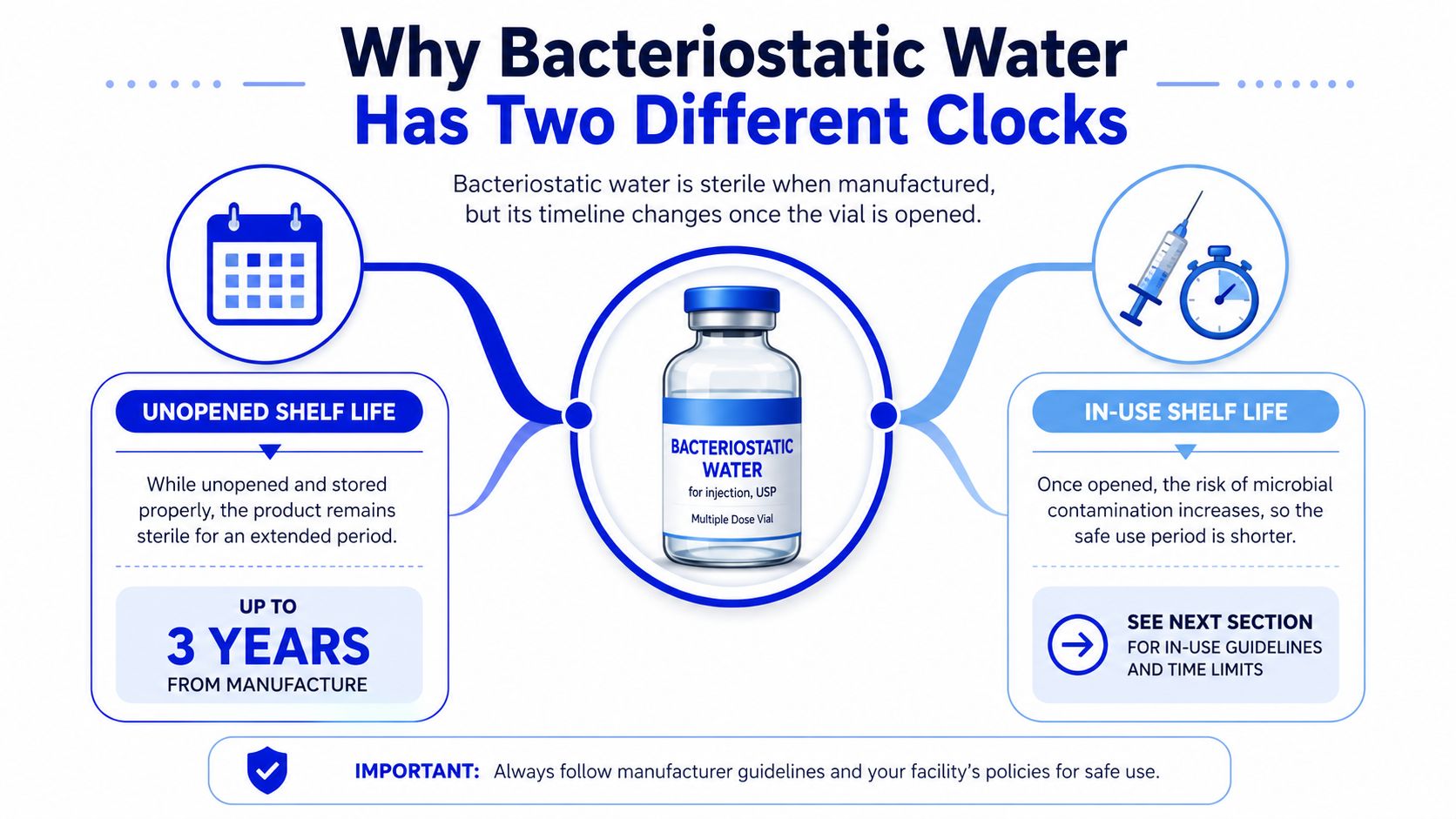 An infographic explaining the difference between unopened and in-use shelf life for bacteriostatic water vials.