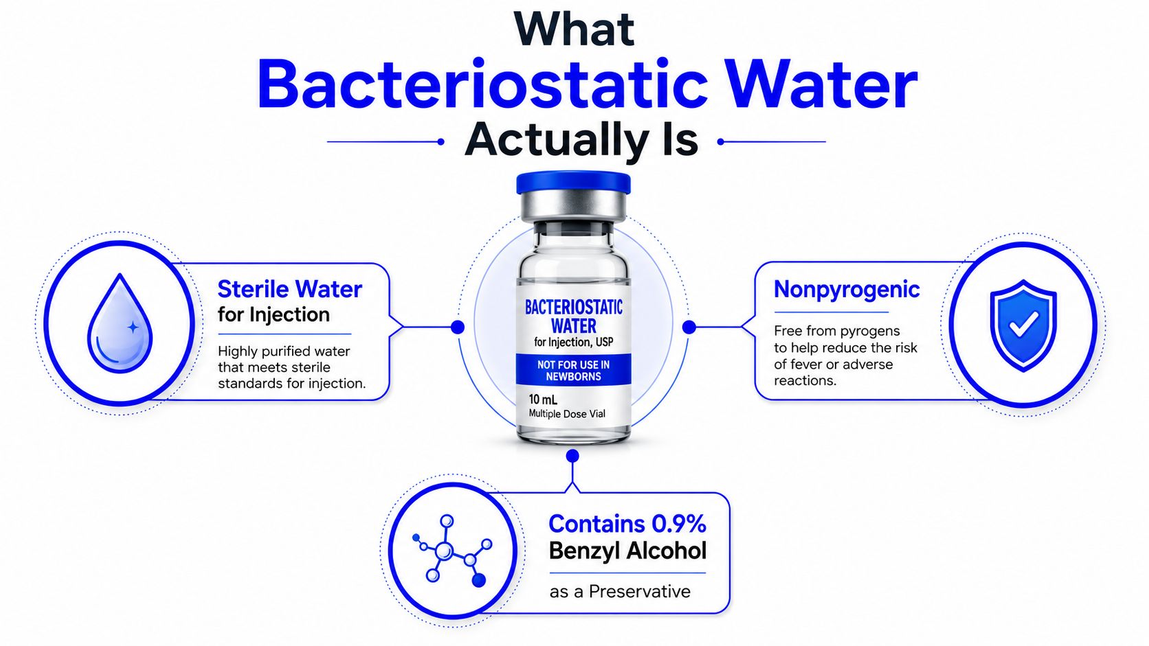 An infographic explaining that bacteriostatic water is sterile, nonpyrogenic, and contains 0.9 percent benzyl alcohol as a preservative.