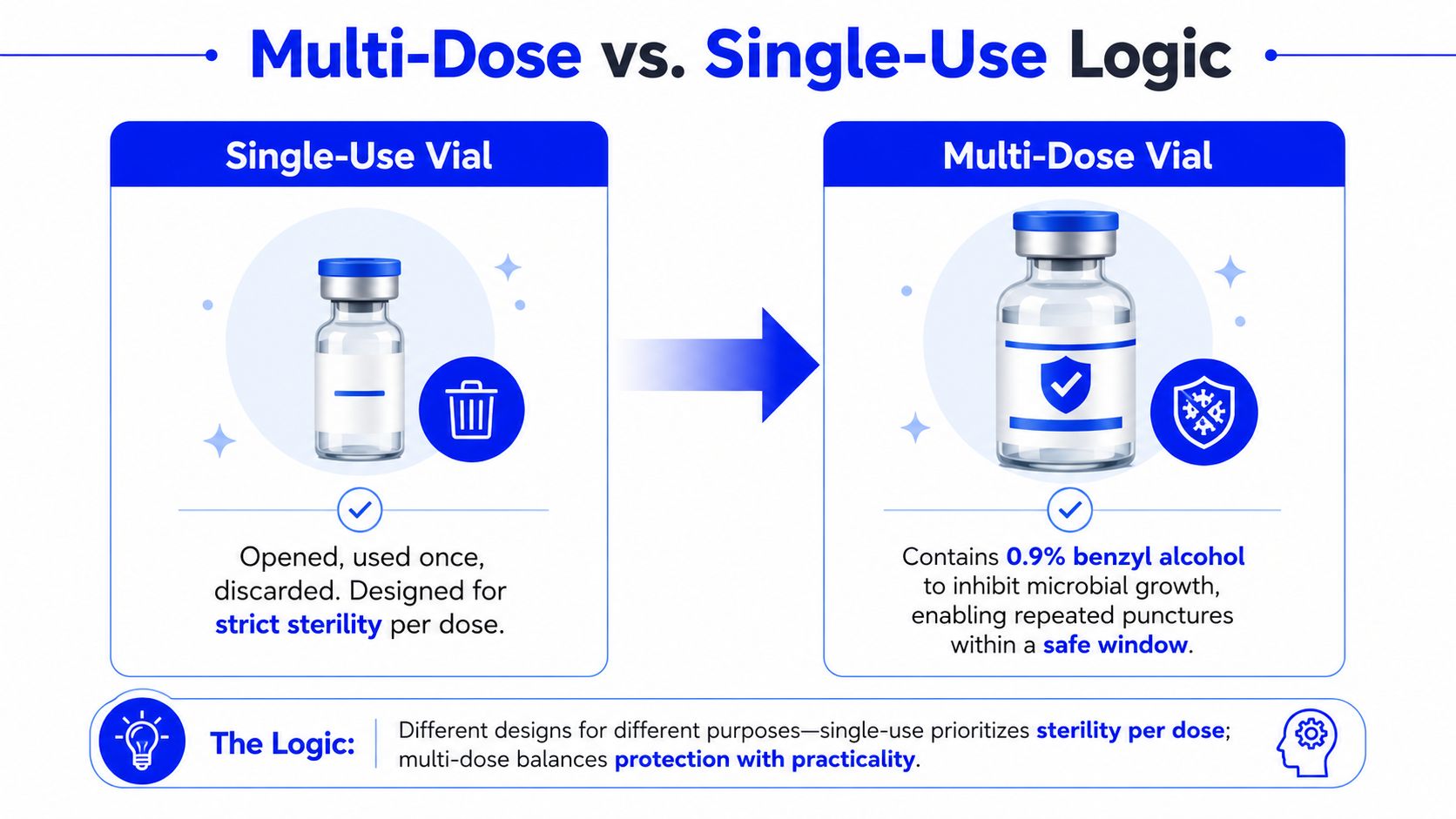A comparison infographic between single-use vials that are discarded after one use and multi-dose vials.