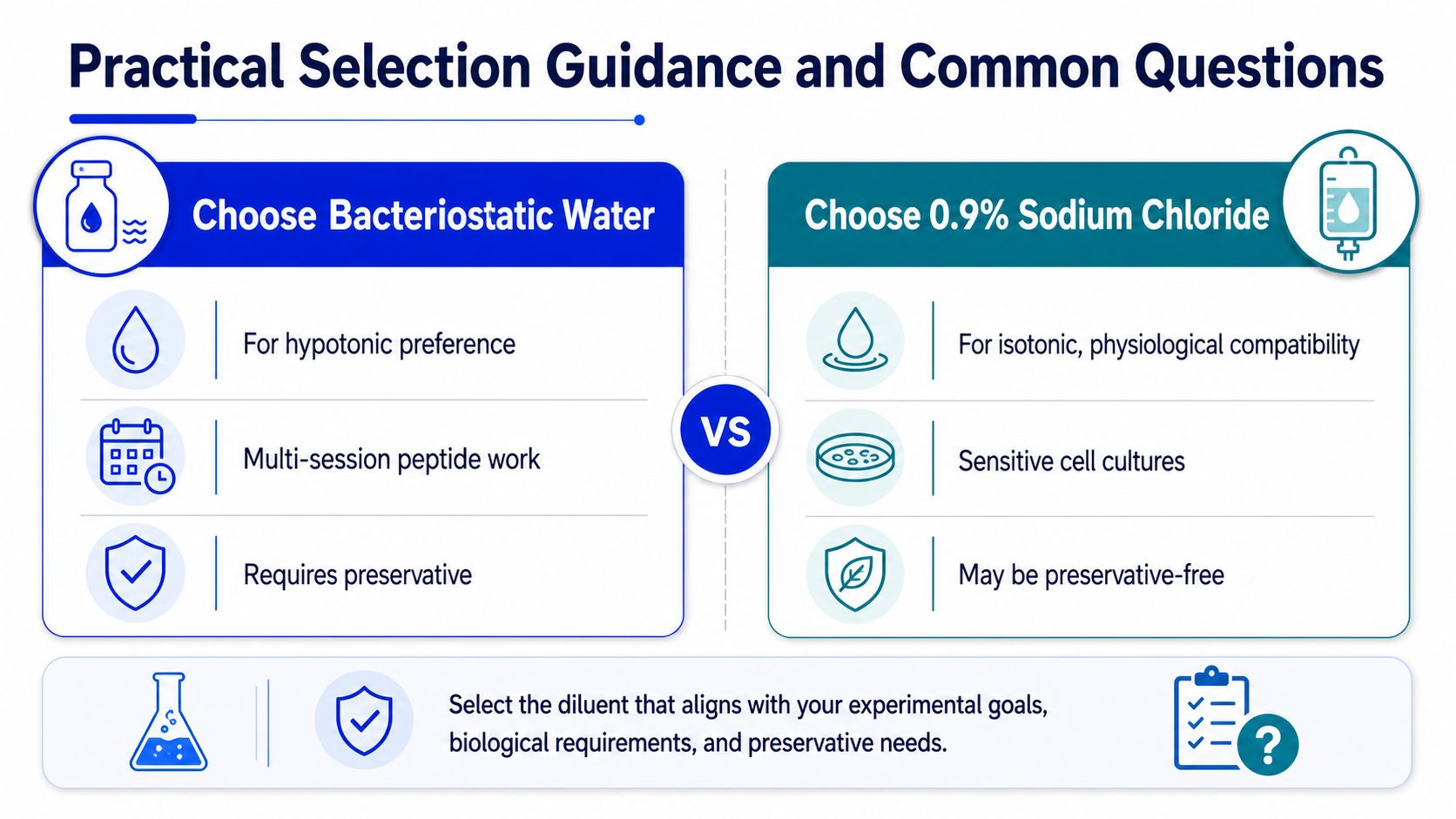 A comparison guide for choosing between bacteriostatic water and 0.9% sodium chloride as a diluent.