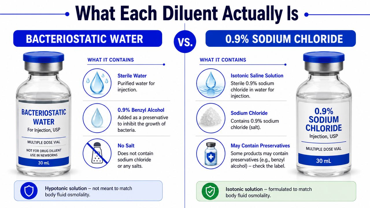 A comparison infographic between bacteriostatic water and 0.9% sodium chloride for injection purposes with their ingredients.