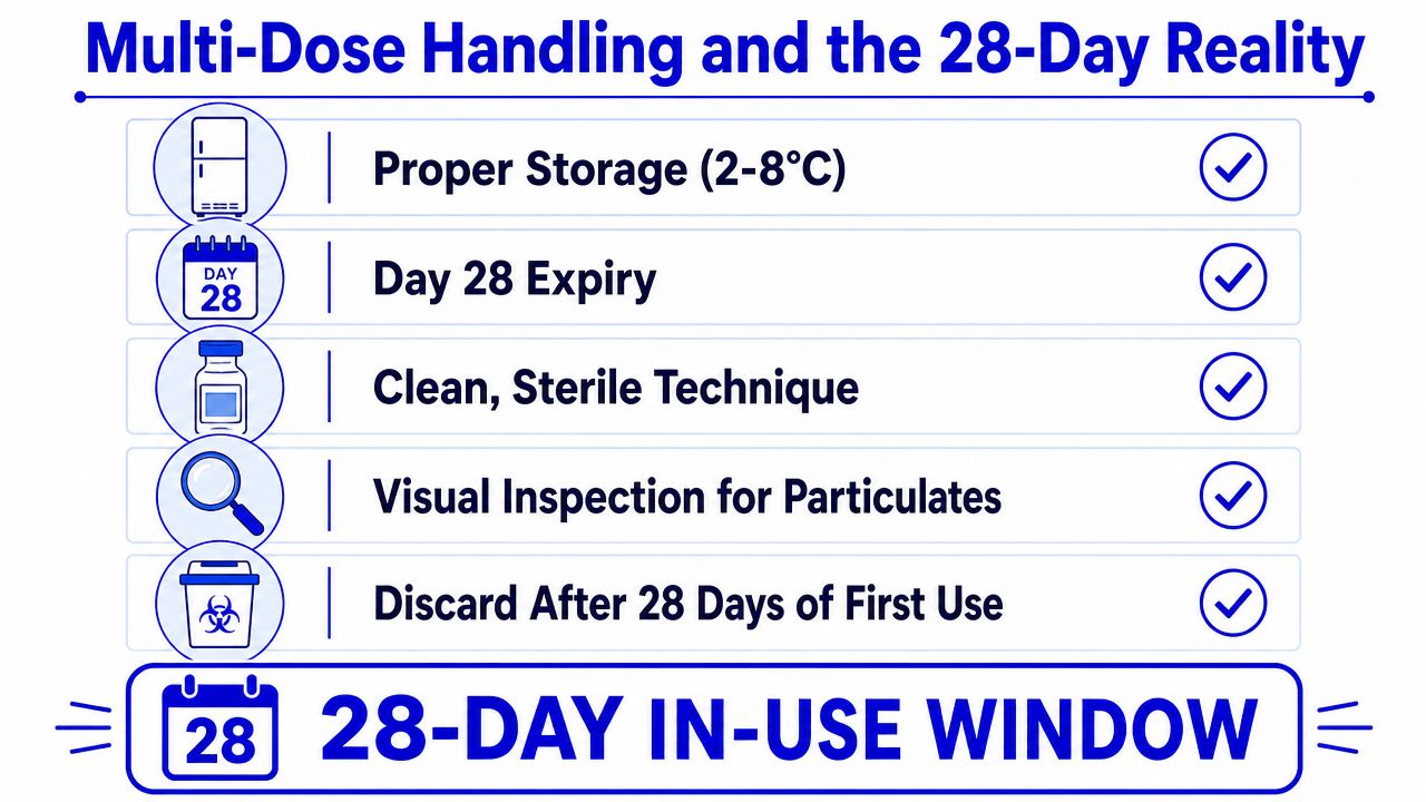 A safety infographic titled Multi-Dose Handling outlining storage, sterility, inspection, and the 28-day expiration policy.