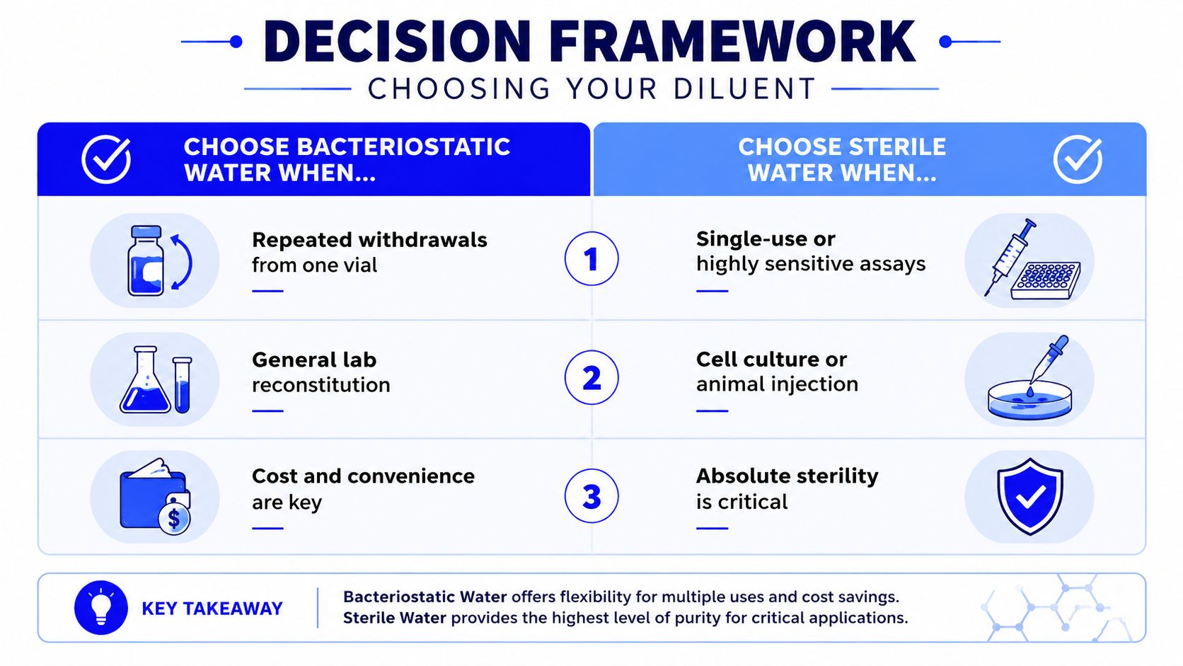 A decision framework chart comparing when to use bacteriostatic water versus sterile water for laboratory applications.