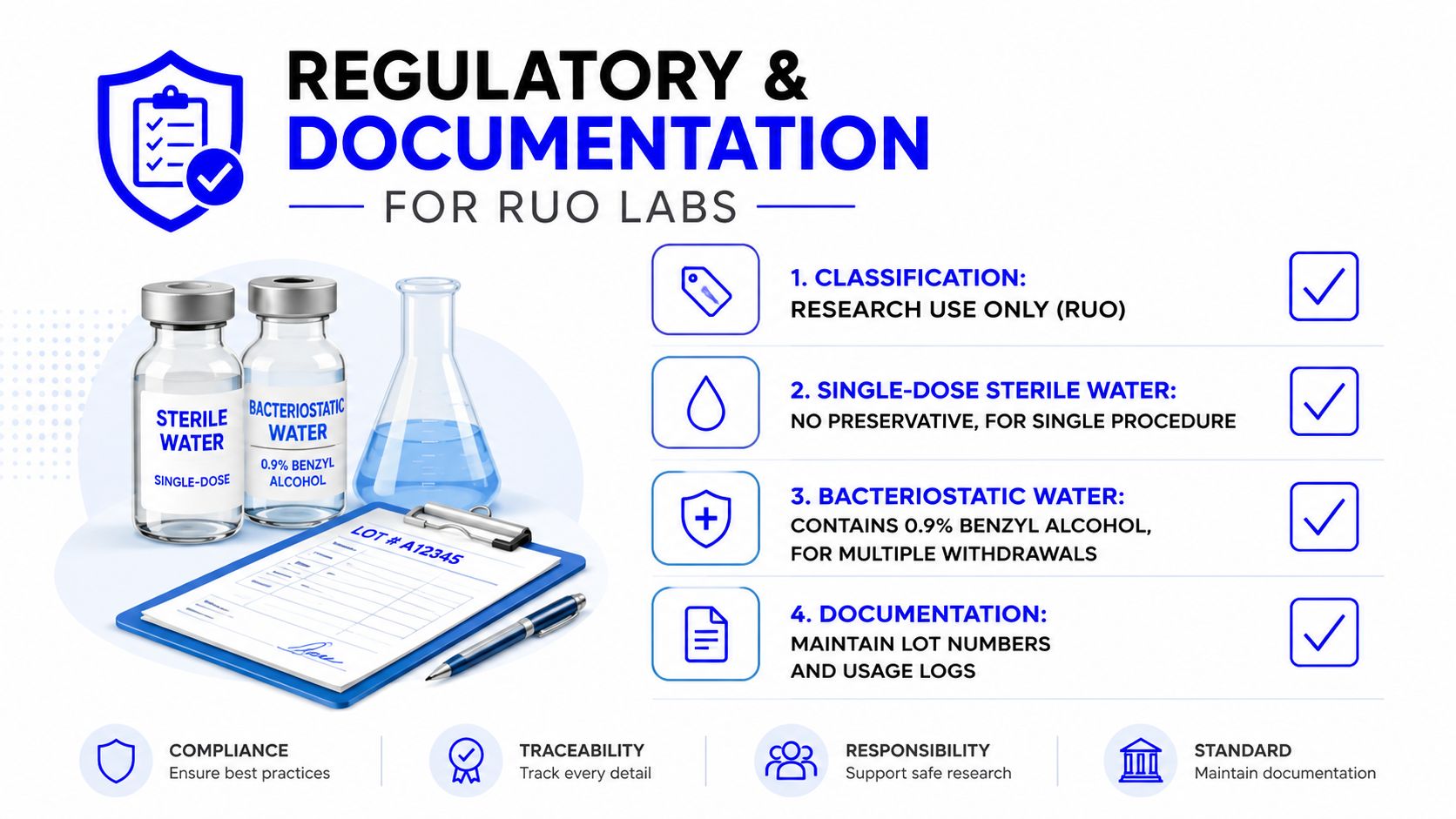 An infographic detailing regulatory documentation requirements for research lab use of sterile and bacteriostatic water.