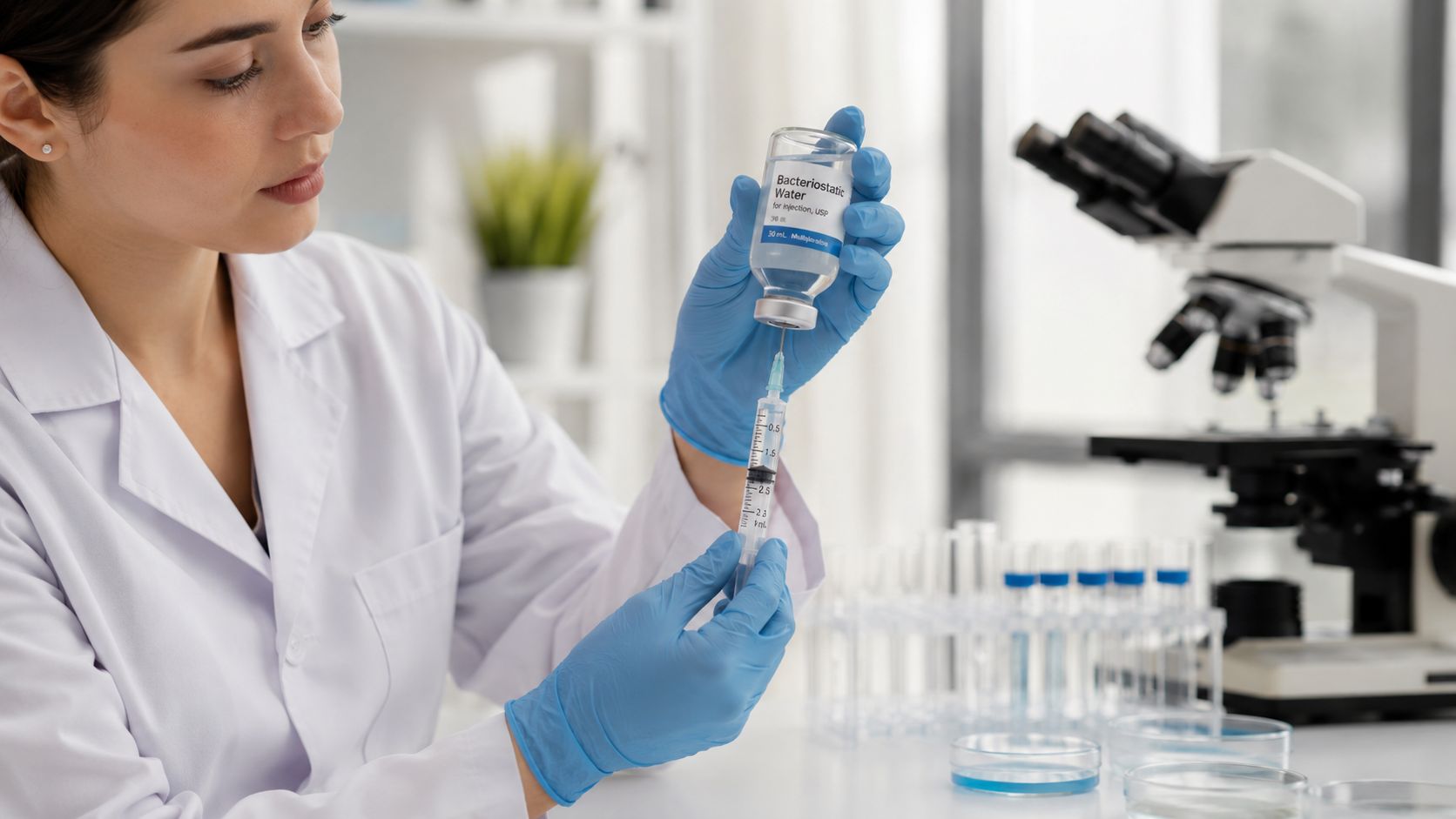 A female scientist in a lab coat preparing an injection from a bacteriostatic water vial.