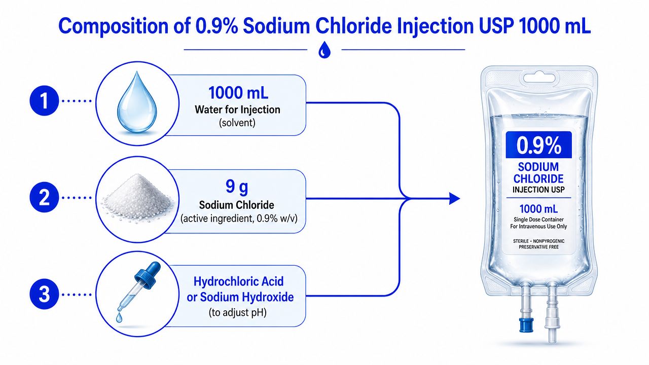 An infographic illustrating the composition of 0.9% Sodium Chloride Injection USP, including water, salt, and pH adjusters.