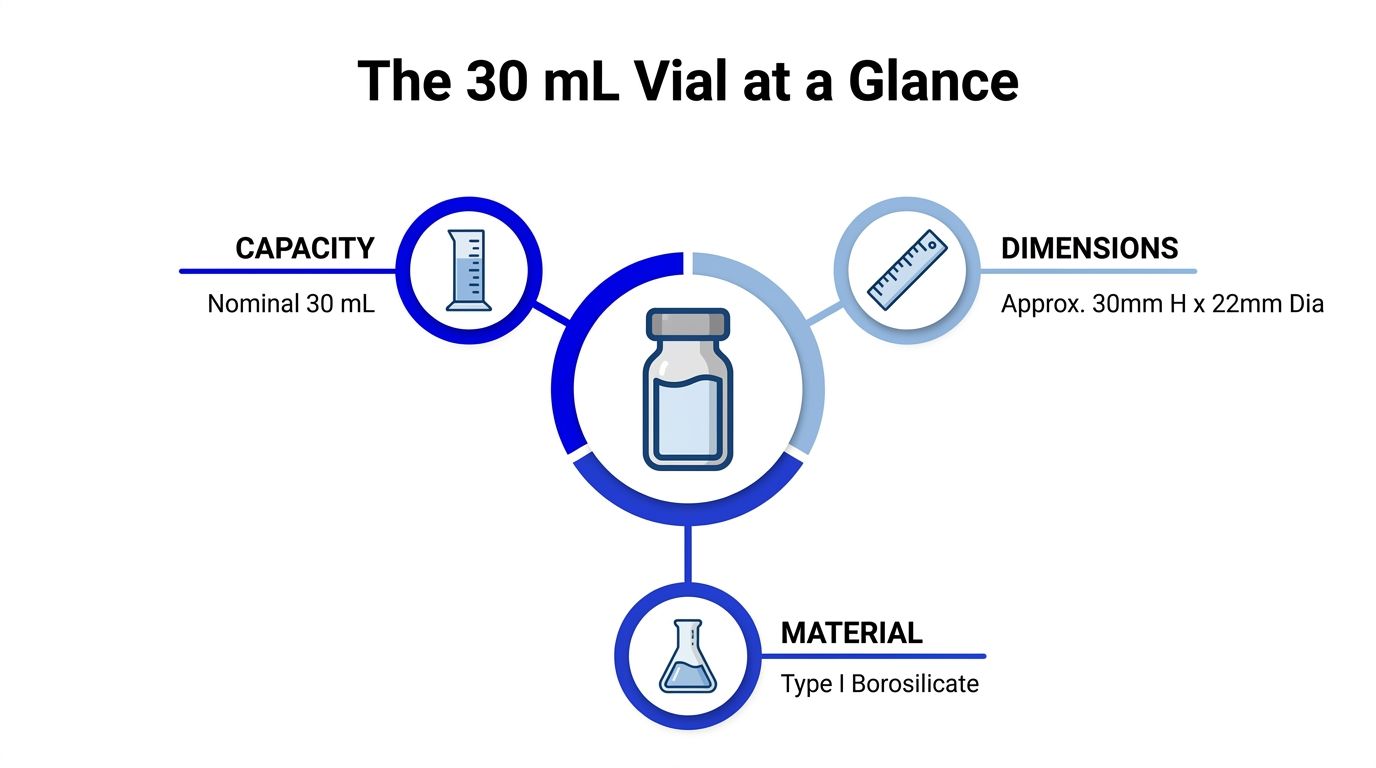 An infographic summarizing the specifications of a 30 mL vial, including its capacity, physical dimensions, and glass material.