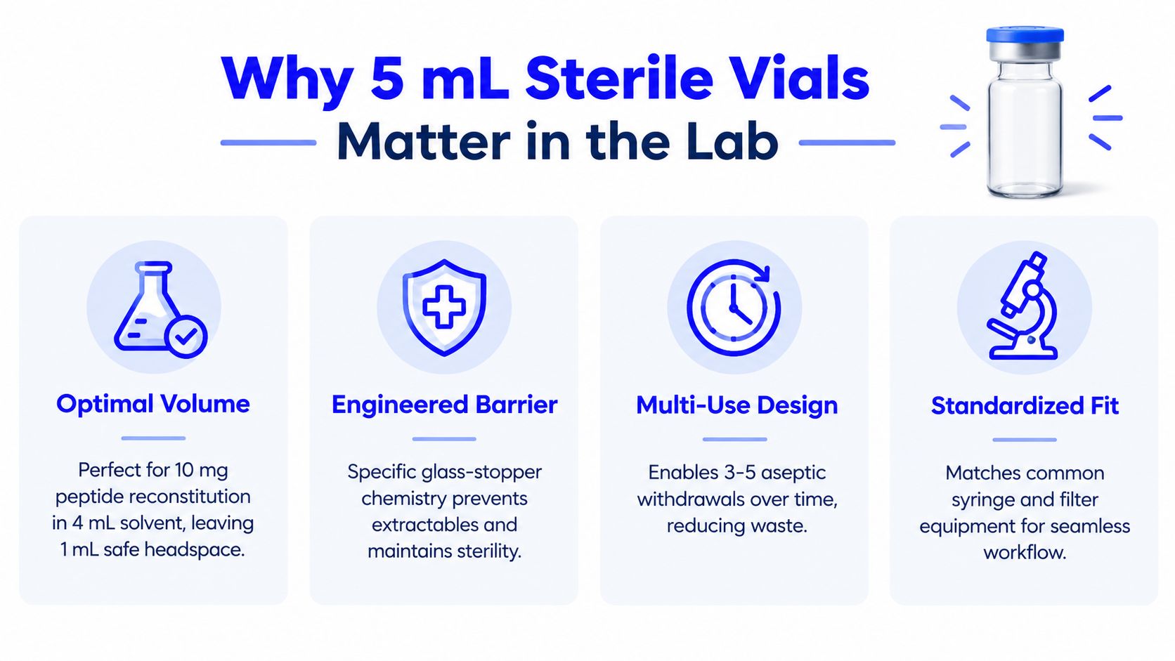 An infographic highlighting the benefits of 5 mL sterile vials, including optimal volume, engineered barrier, multi-use design, and standardized fit.