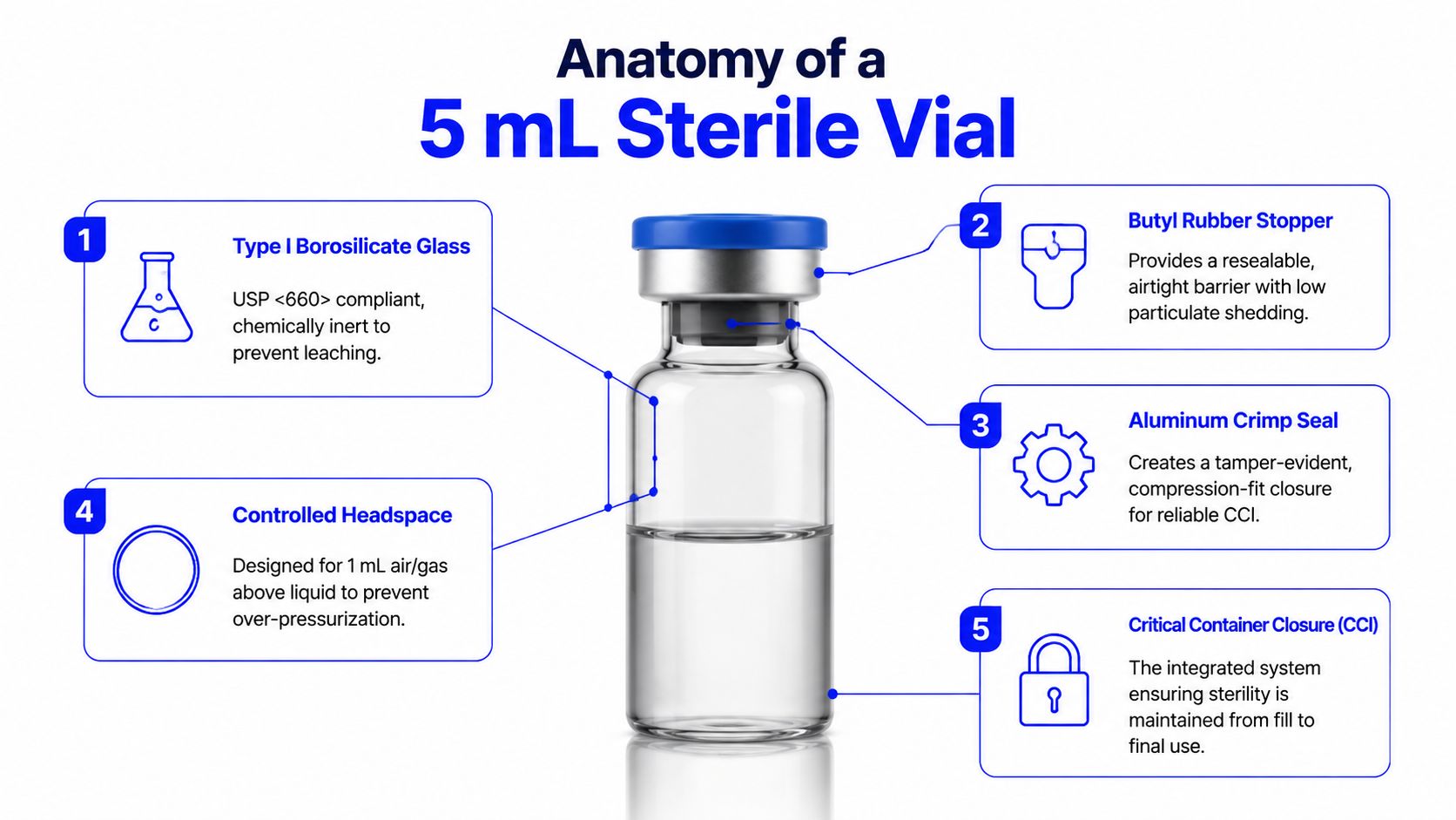 A diagram illustrating the anatomy of a 5 ml sterile glass vial with five key component labels.
