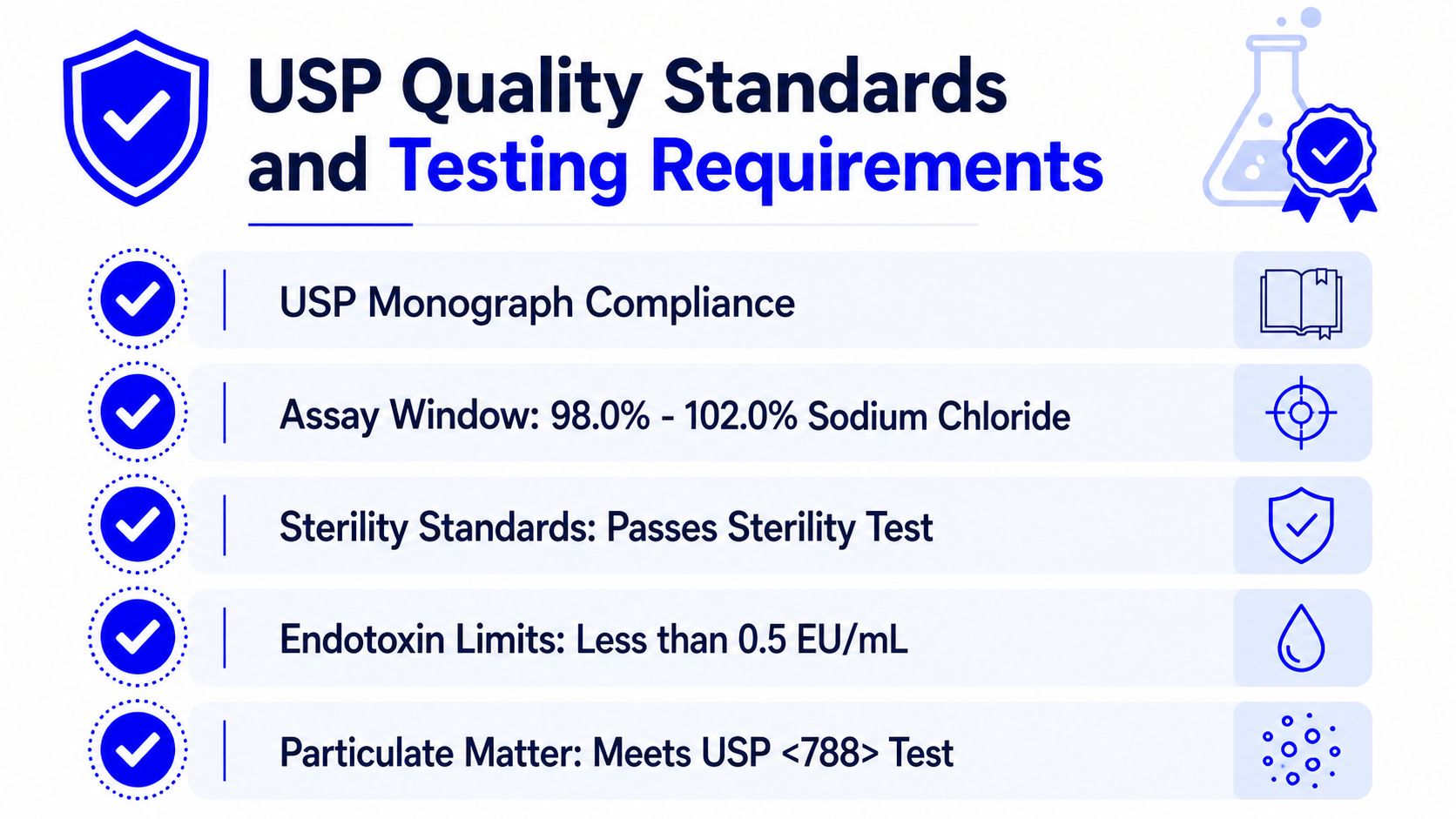 An infographic titled USP Quality Standards and Testing Requirements for Sodium Chloride injection, listing five key safety checks.