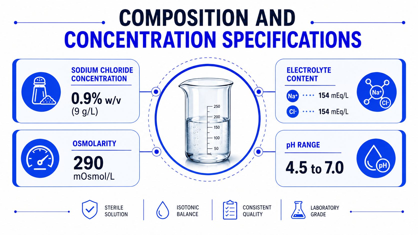 An infographic detailing the composition and concentration specifications of a 0.9% sodium chloride injection solution.