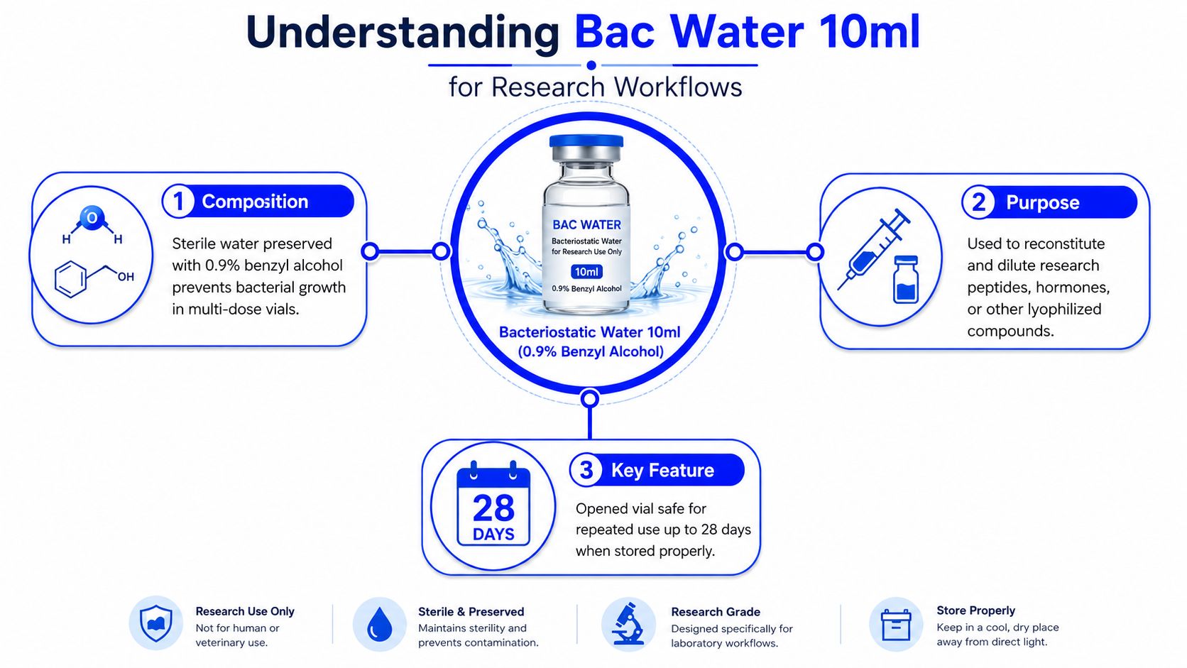 An infographic detailing the composition, purpose, and key usage features of 10ml bacteriostatic water for research.