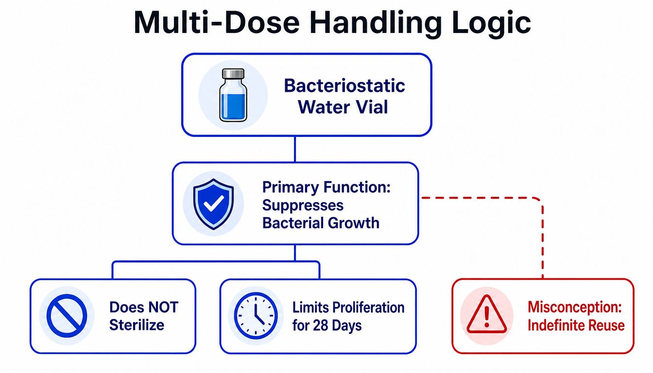 A flowchart showing that bacteriostatic water limits bacterial growth for 28 days but does not sterilize indefinitely.