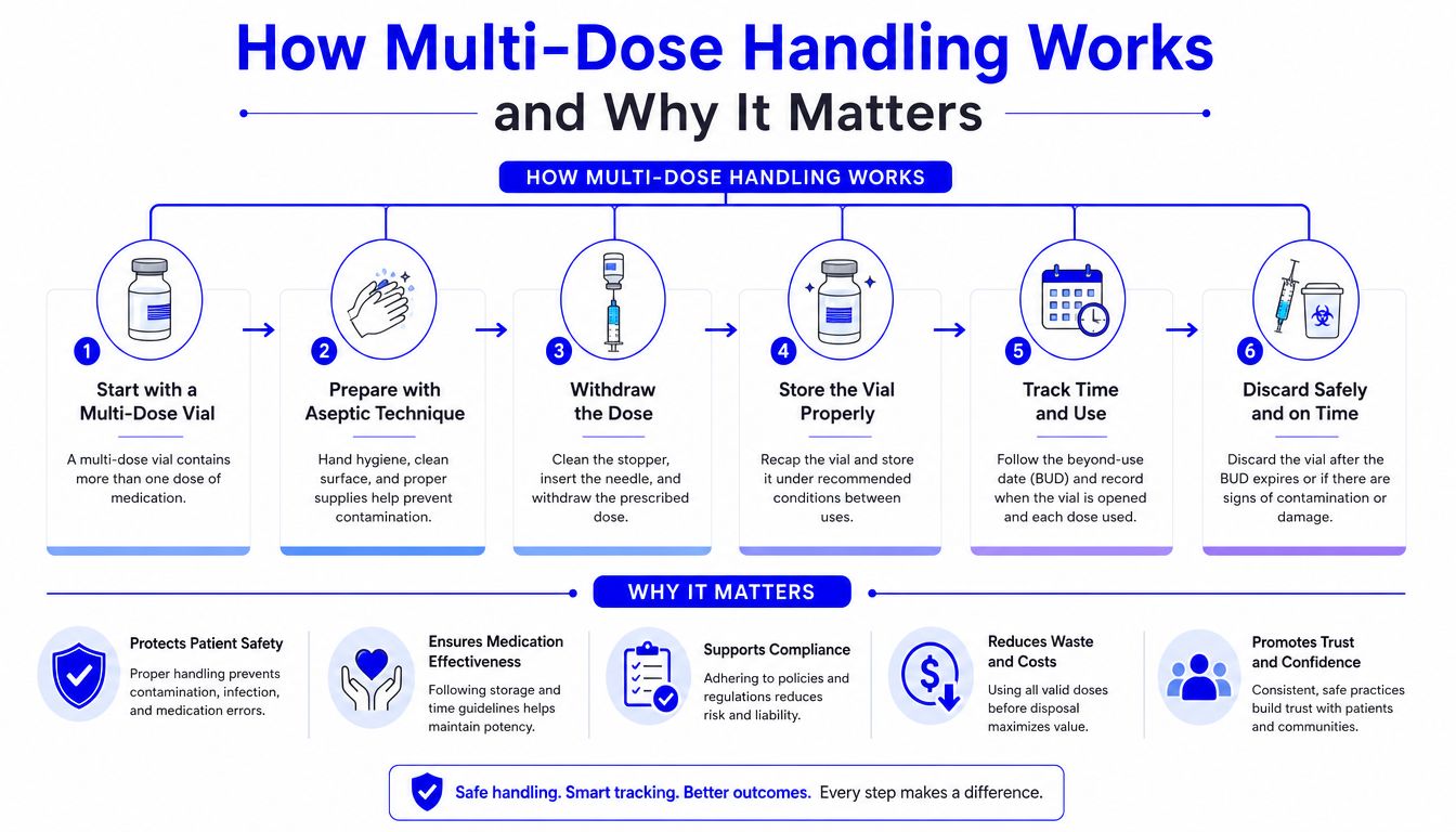 An infographic detailing the six-step process for safe multi-dose vial handling and the benefits of these procedures.