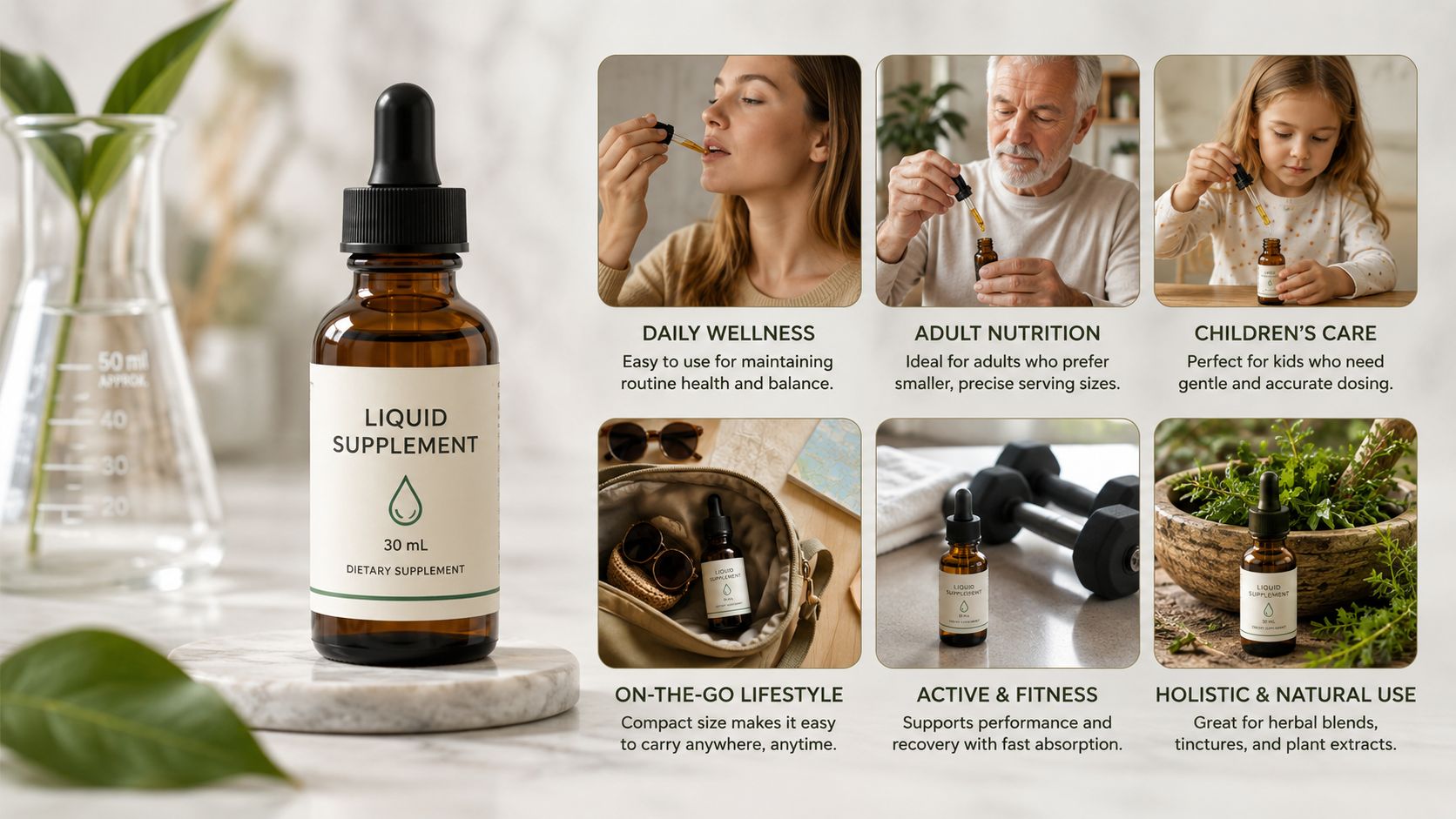 A 30ml amber glass bottle of liquid dietary supplement with dropper shown in various lifestyle use cases.