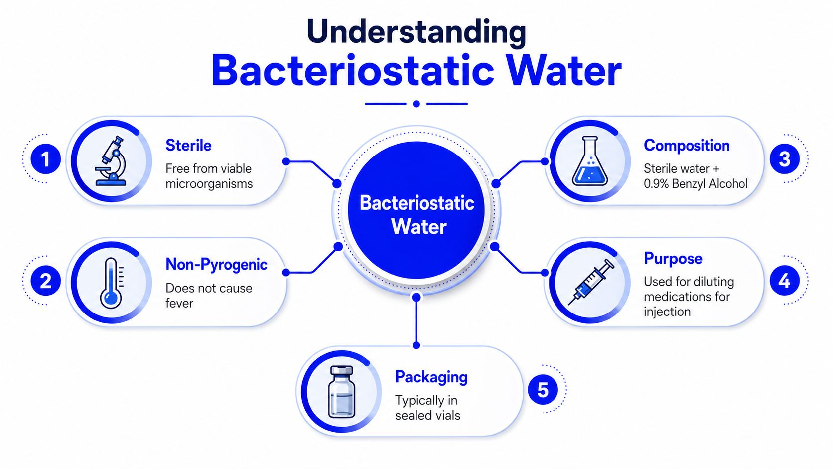 An infographic titled Understanding Bacteriostatic Water explaining its sterile nature, composition, non-pyrogenic properties, purpose, and packaging.
