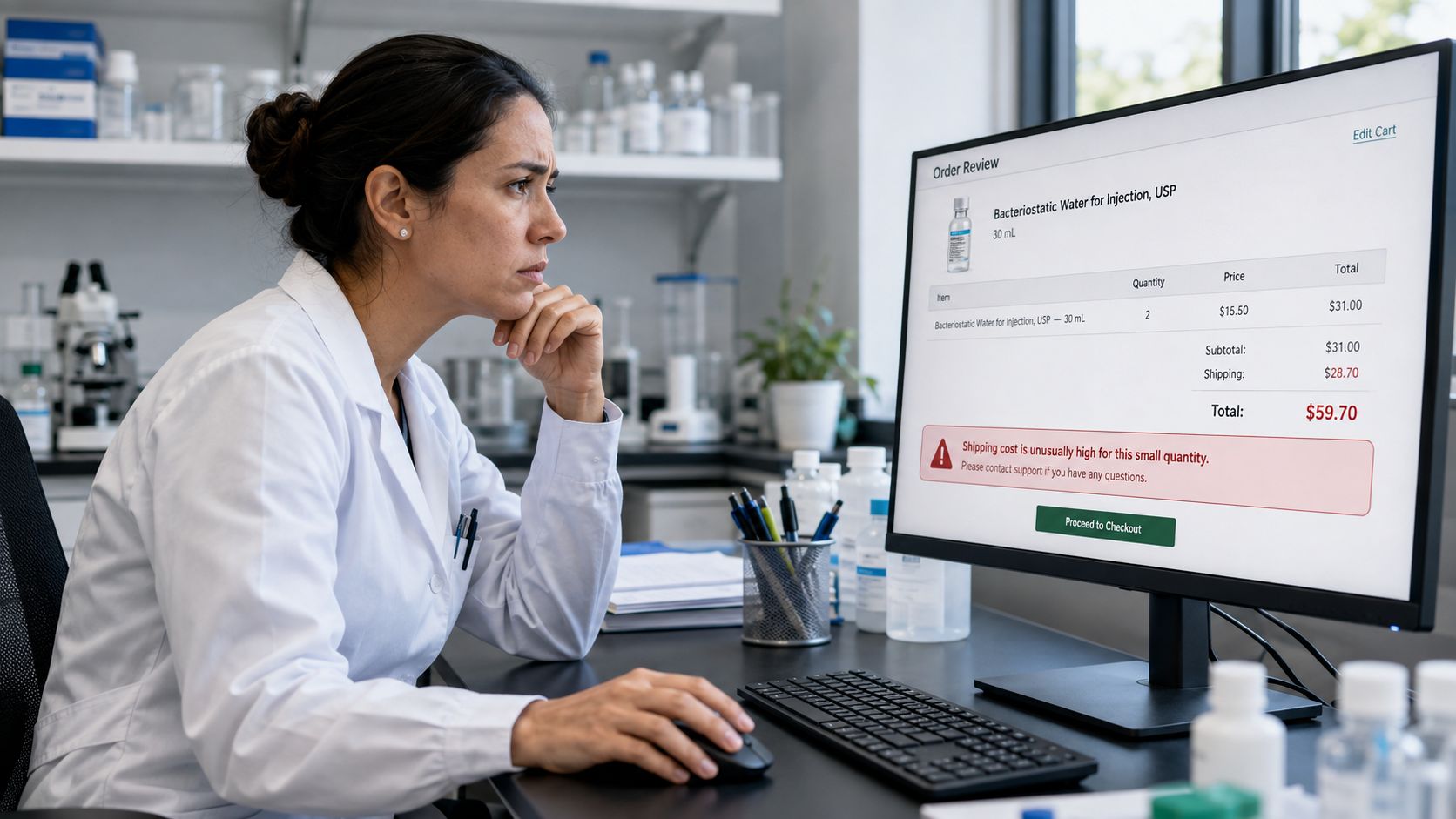 A concerned scientist in a laboratory reviewing high shipping costs on an online order on a computer monitor.