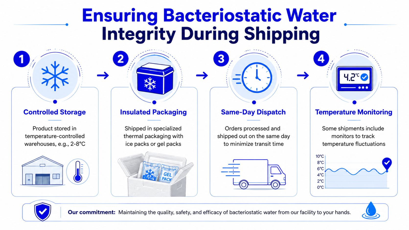 An infographic showing the four-step process for ensuring bacteriostatic water integrity during the shipping and delivery process.