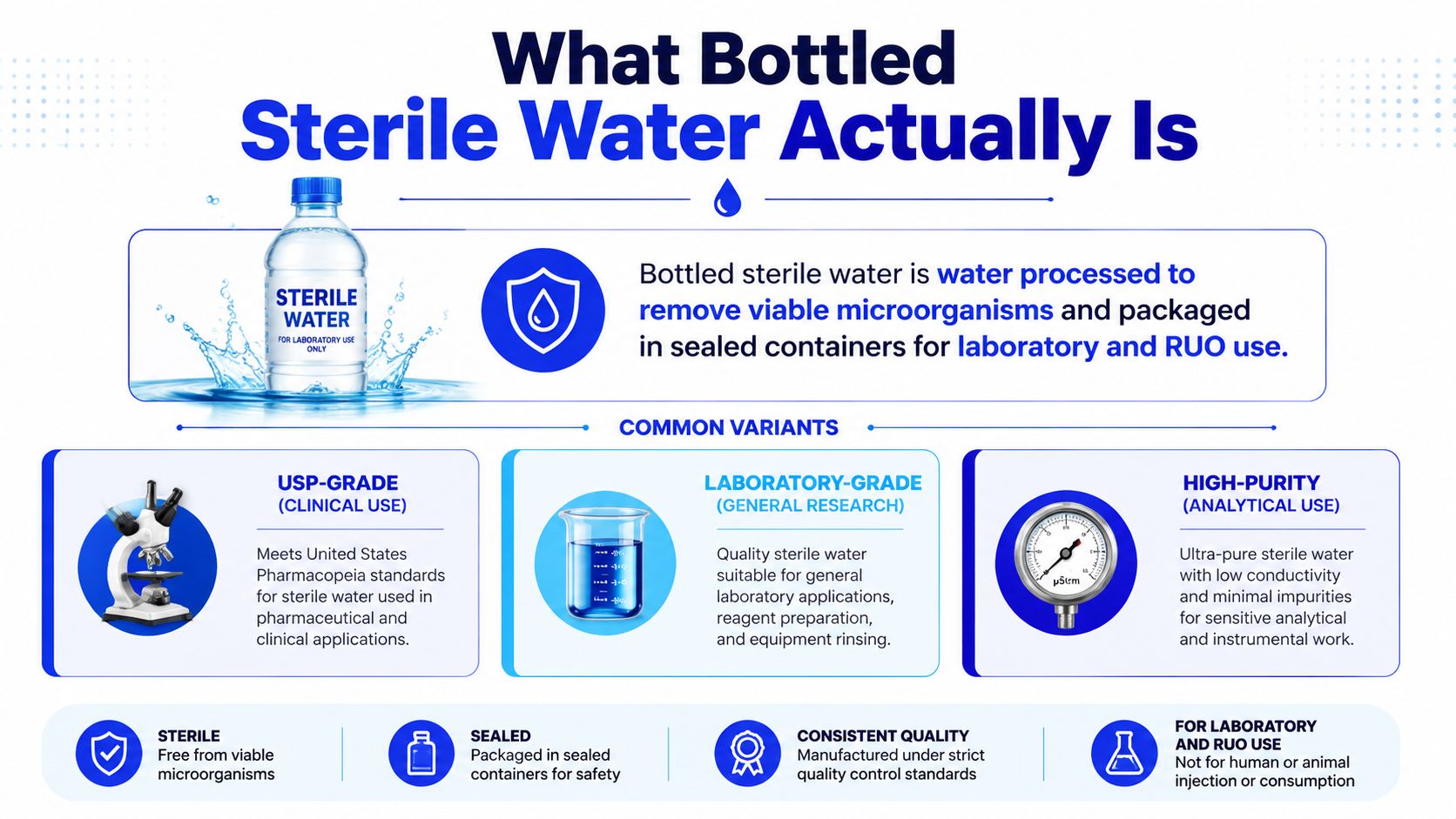 An infographic defining bottled sterile water, its laboratory uses, common grades, and quality assurance standards.