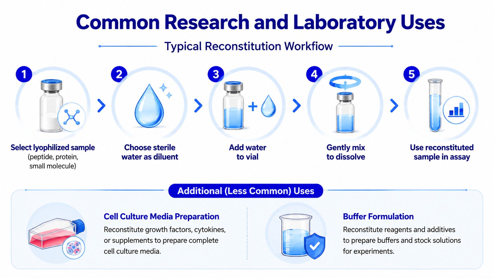 A diagram illustrating the typical five-step reconstitution workflow for laboratory samples and additional common research applications.