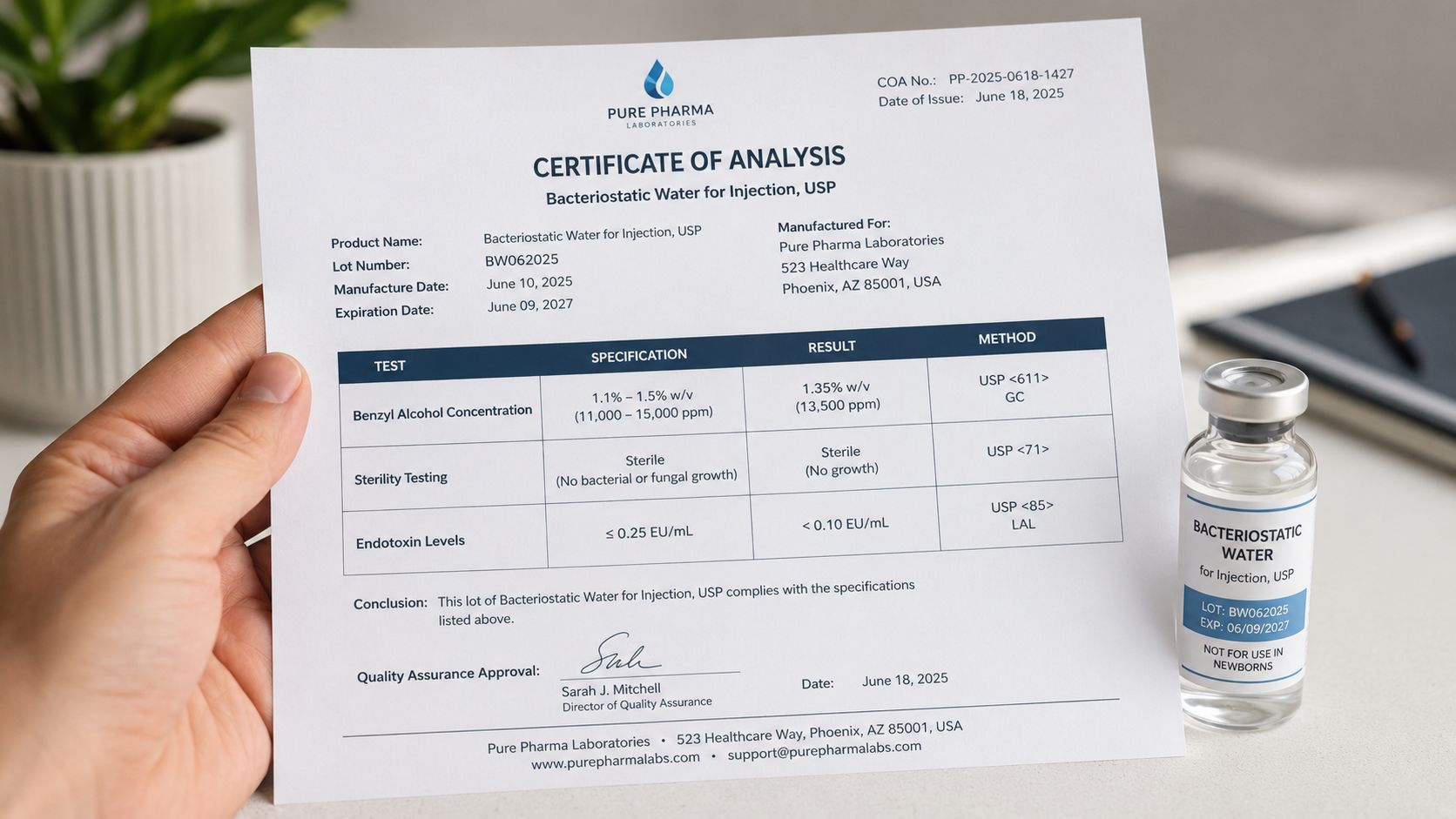 A hand holding a Certificate of Analysis document next to a vial of bacteriostatic water.