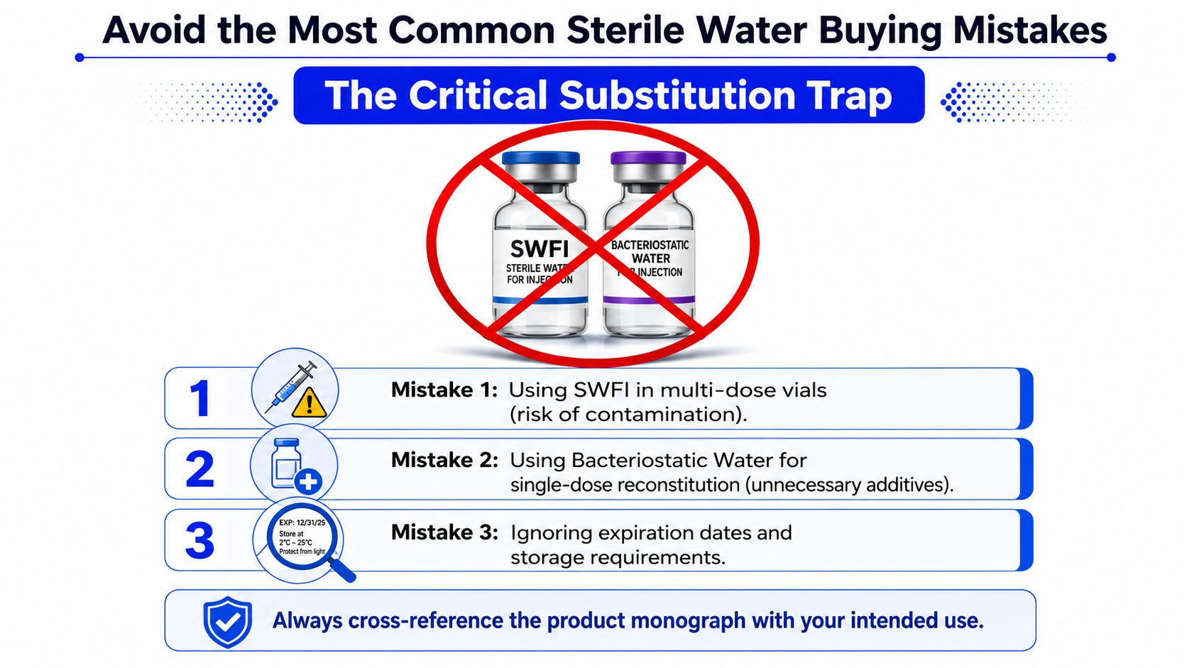 An infographic showing three common mistakes when buying sterile water for medical injection purposes.