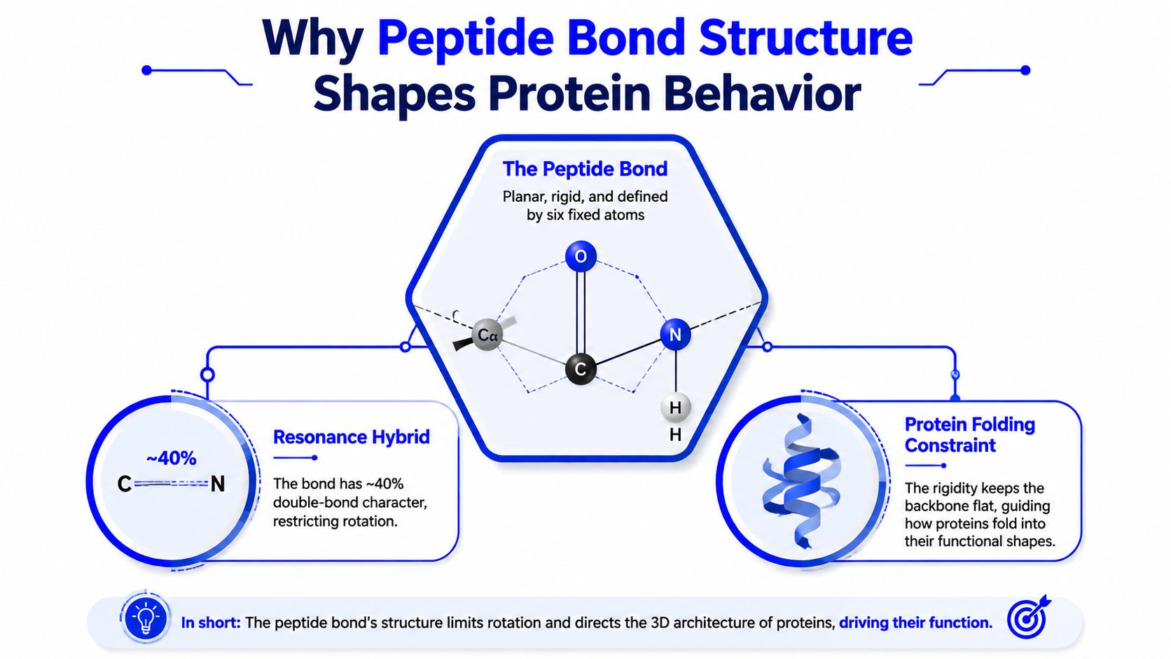 A diagram explaining how peptide bond structure, including resonance and rigidity, influences protein folding and biological function.
