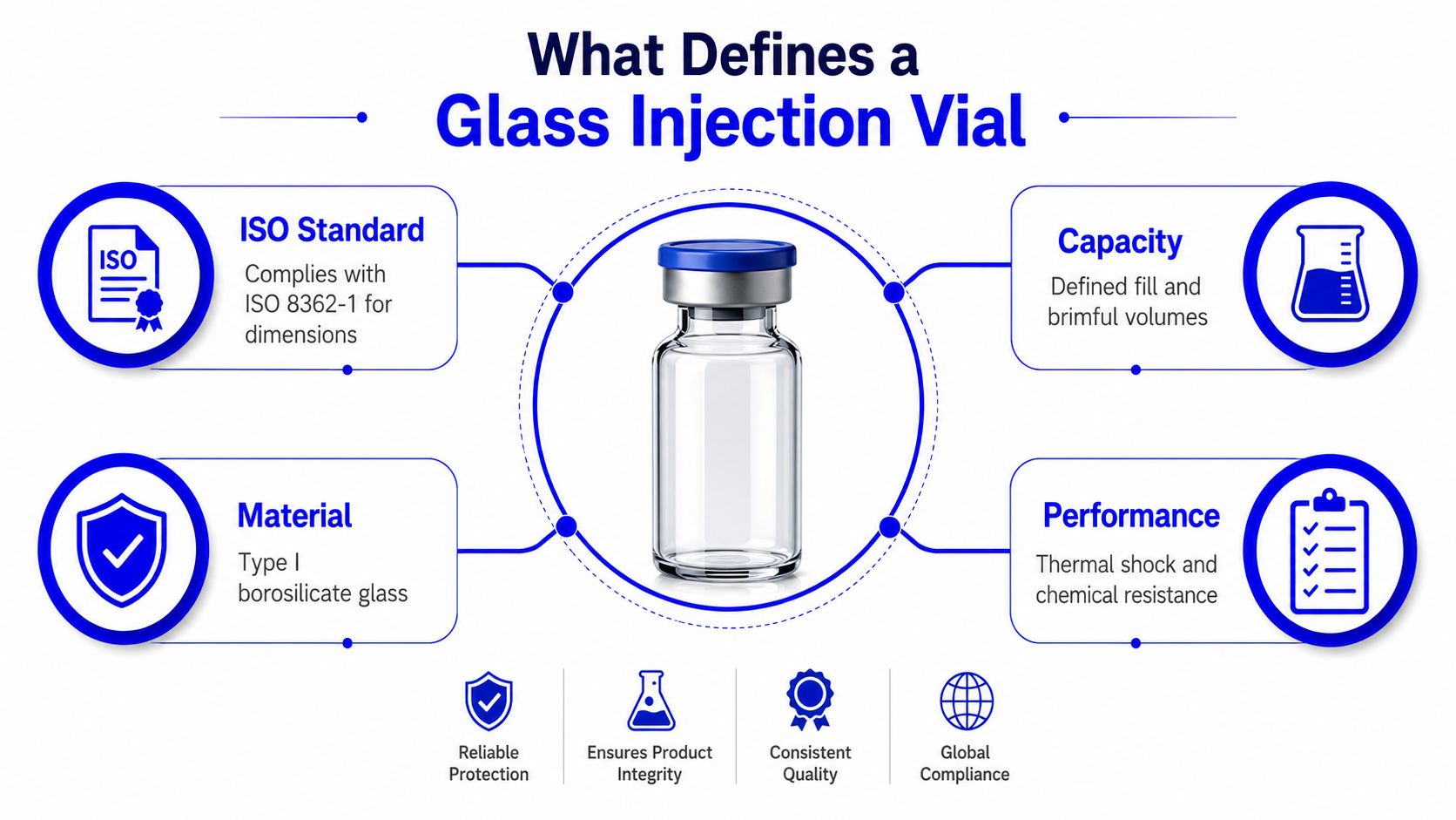 An infographic showing the four key components that define a high-quality glass injection vial for medical use.