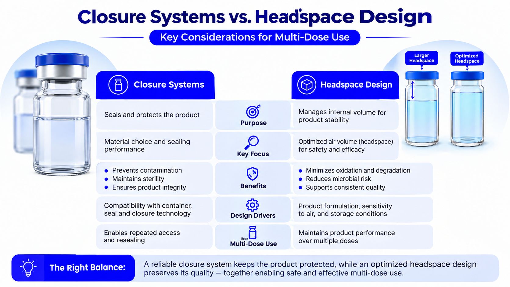 A diagram comparing pharmaceutical glass vial closure systems and headspace design for multi-dose product safety and stability.