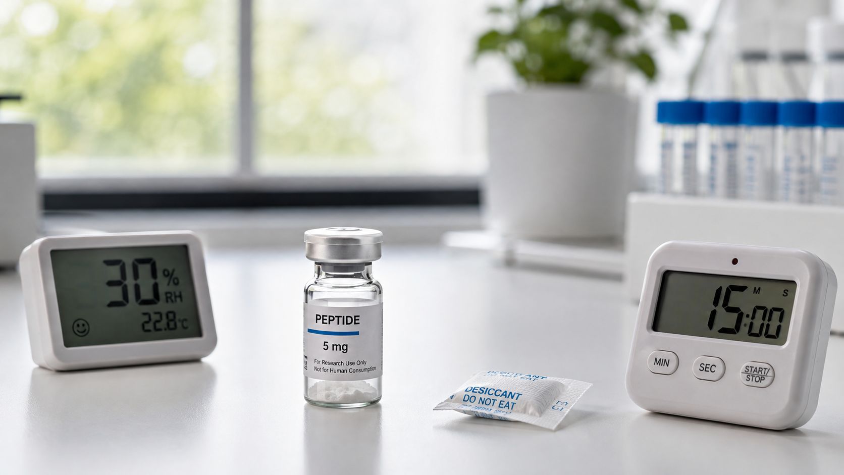 A glass vial of peptide powder with a desiccant packet, a thermometer, and a timer on a desk.