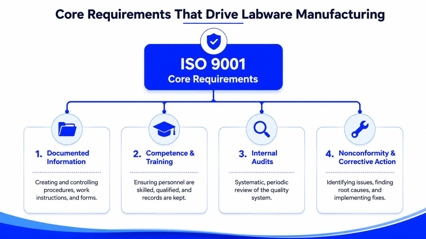 A diagram outlining the four core ISO 9001 requirements for labware manufacturing quality and process compliance.