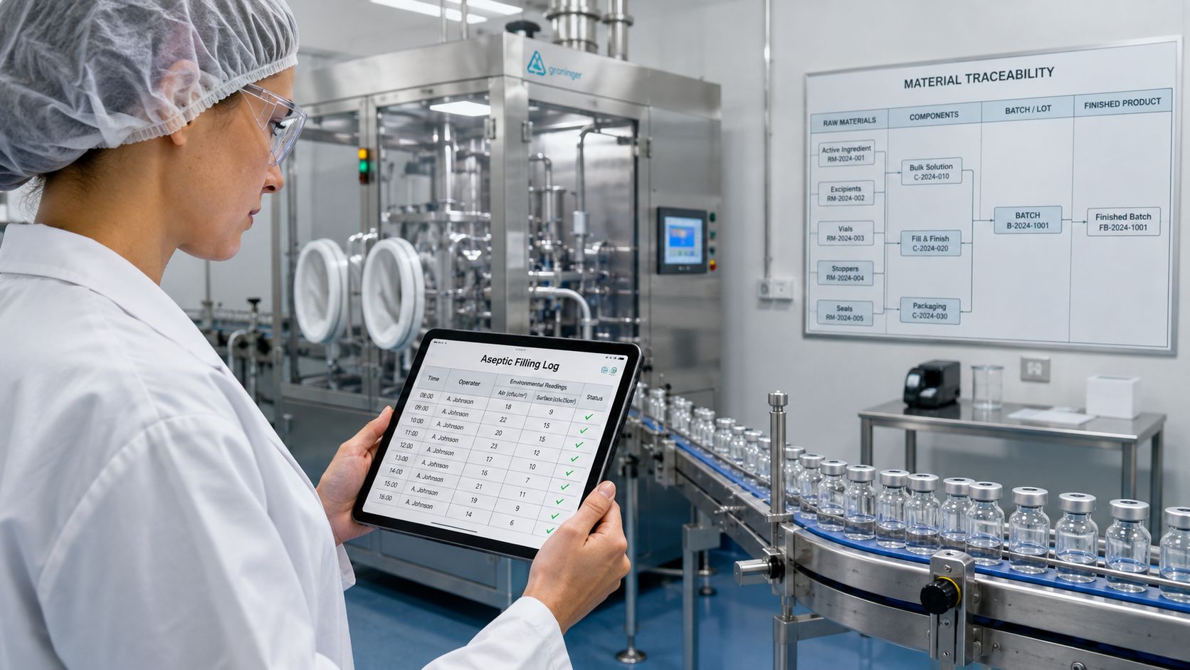 A lab technician holding a tablet checking aseptic filling logs in a pharmaceutical cleanroom environment.