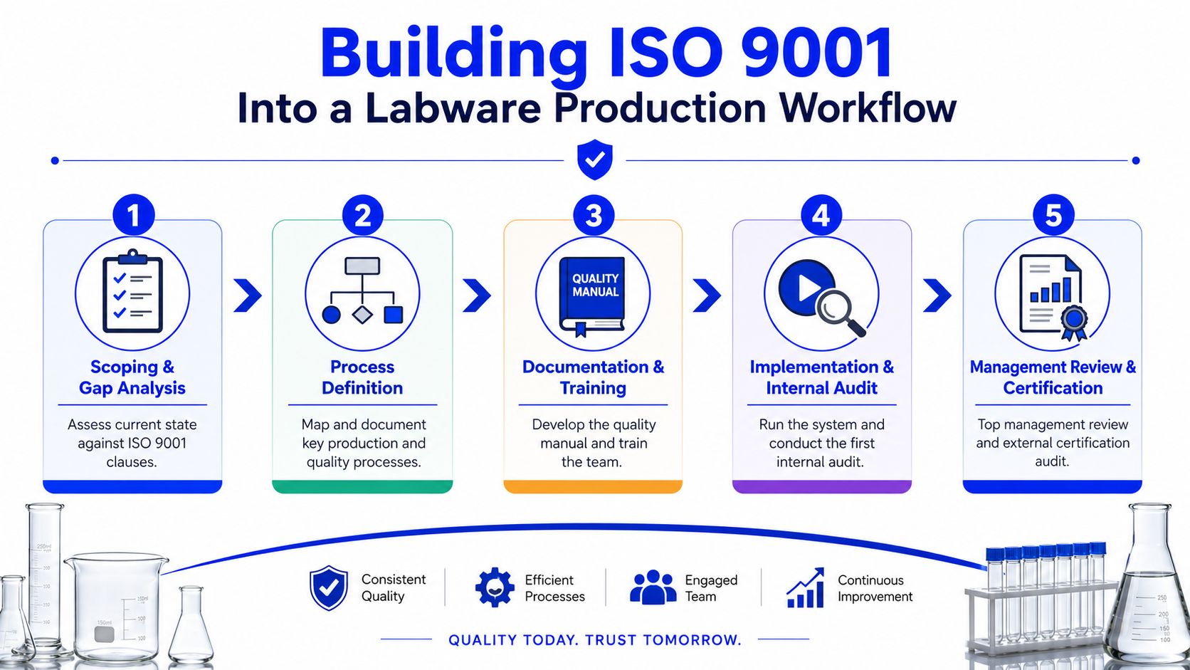 A five-step infographic showing the process for building an ISO 9001 quality management system for labware production.
