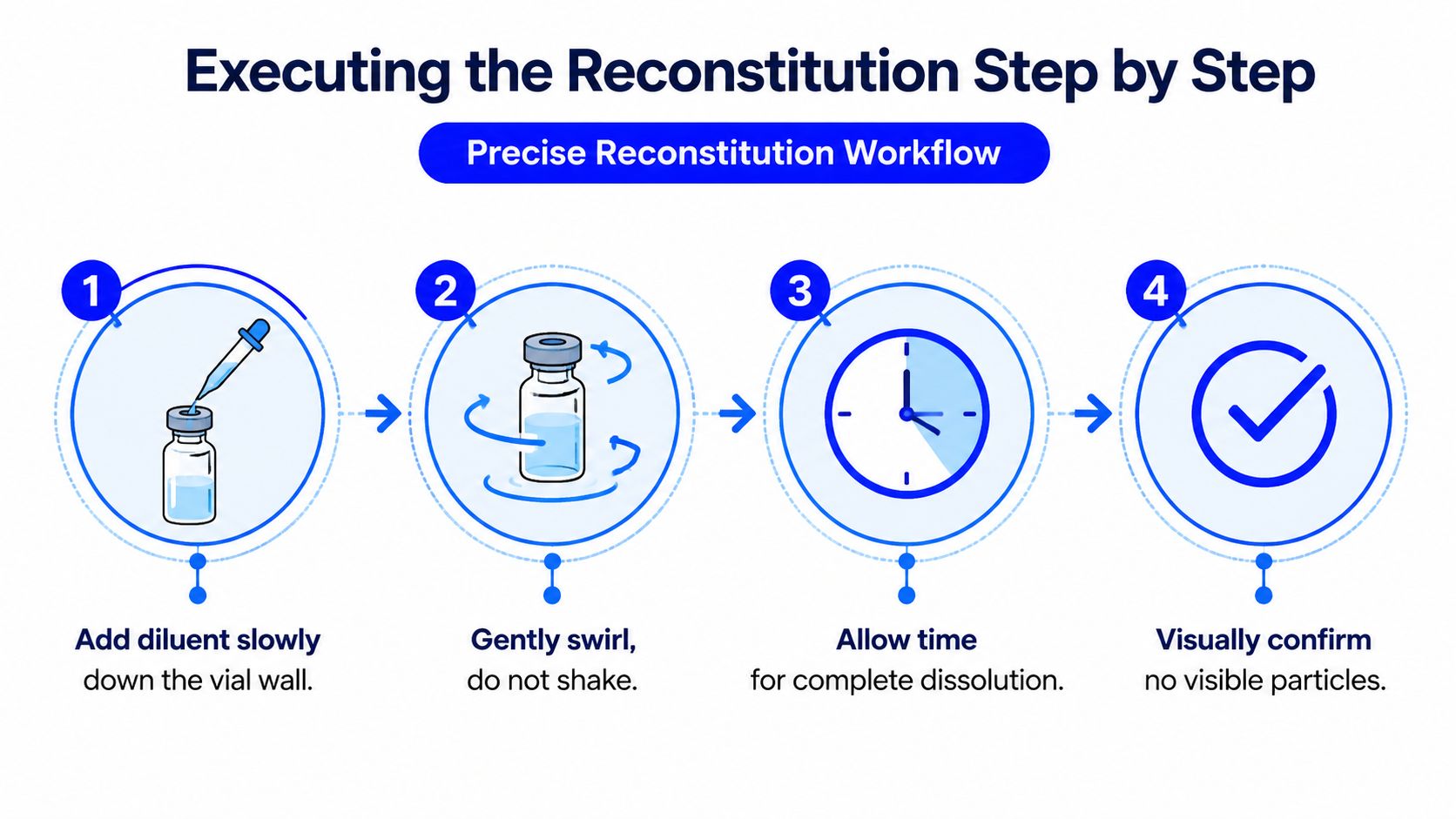 A step-by-step infographic showing how to reconstitute lyophilized medication in a vial with four simple instructions.