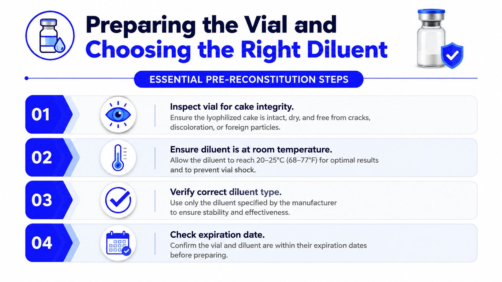 A step-by-step infographic titled Preparing the Vial and Choosing the Right Diluent for medical reconstitution.