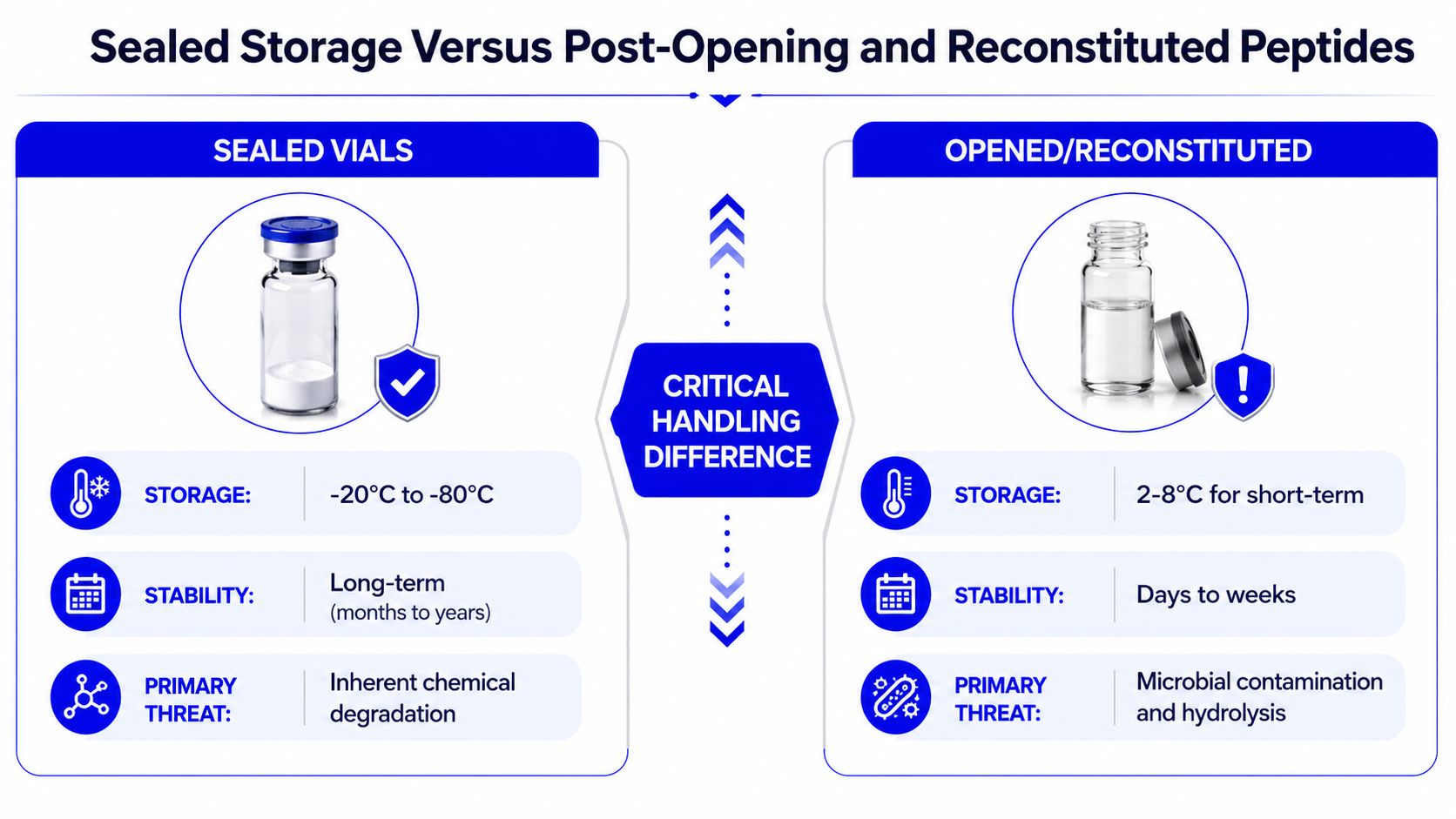 A comparison chart showing storage, stability, and risks for sealed versus opened and reconstituted peptide vials.
